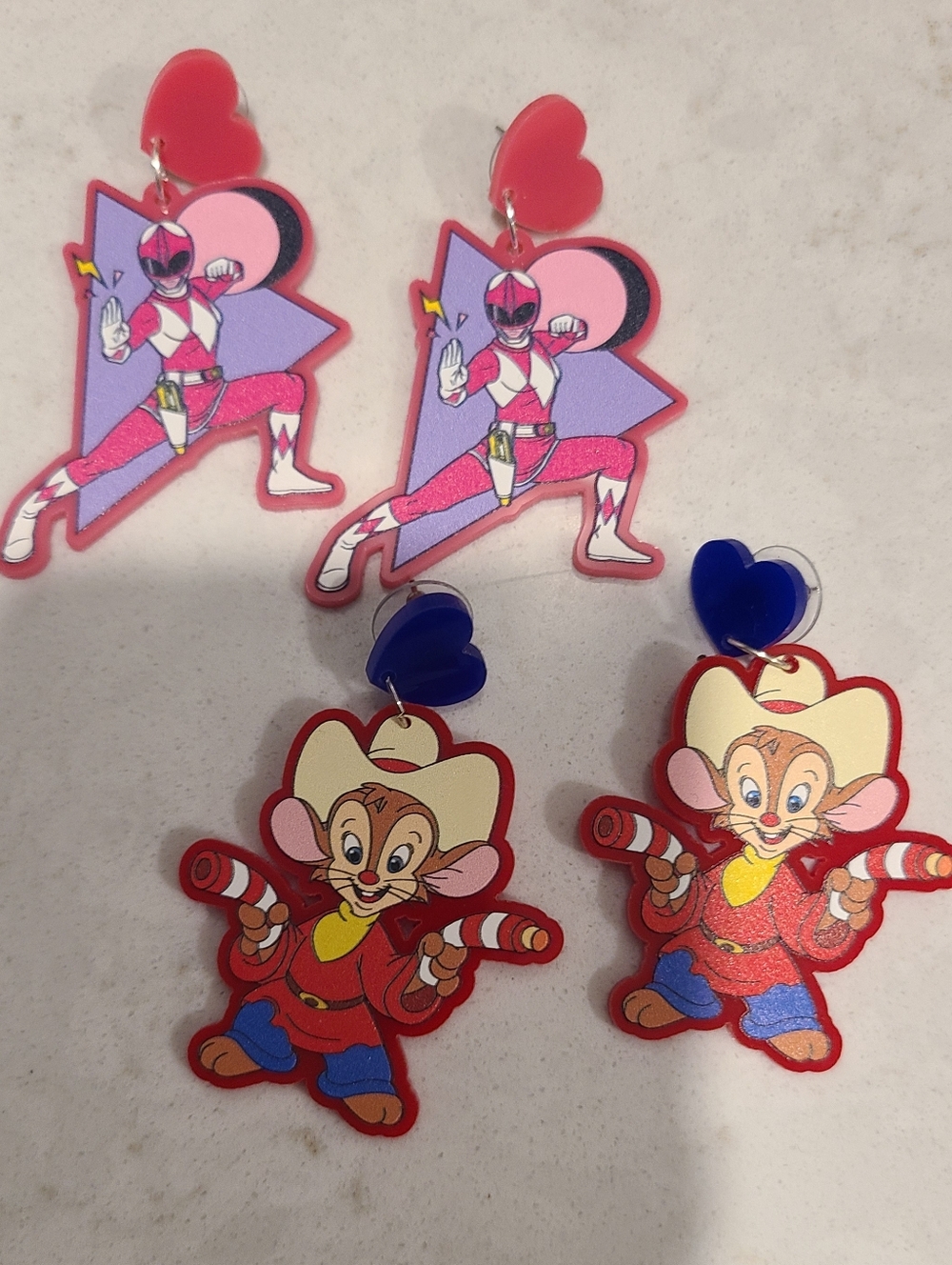 Lot Of 90s Kids Character Dangle Earrings - Pink Power Ranger & Cowboy Fievel